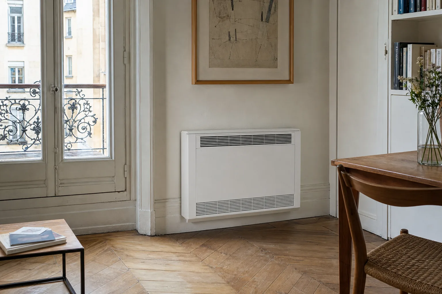 Climatiseur monobloc mural sans unité extérieure dans un appartement parisien