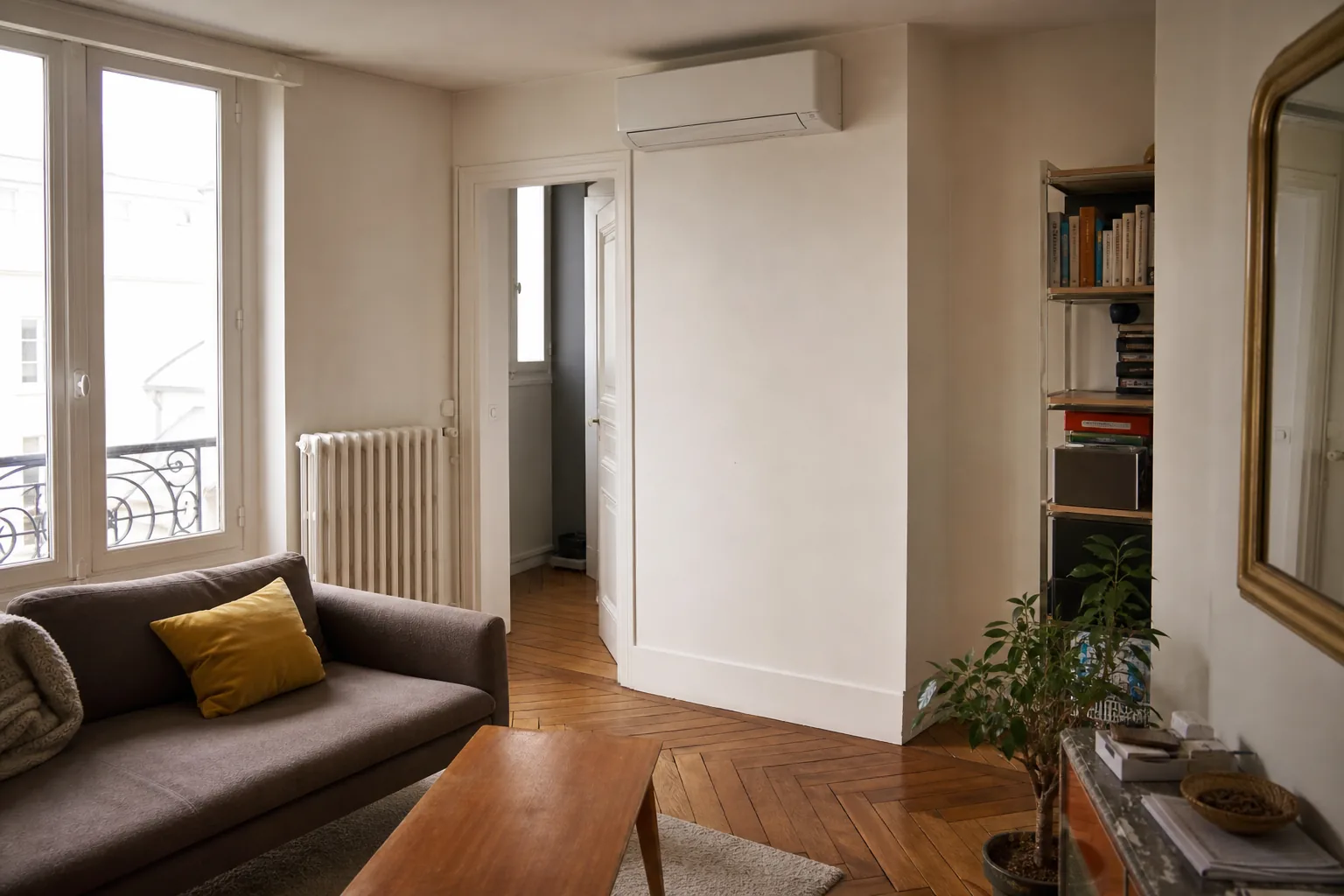 Split mural posé en hauteur dans un séjour d'appartement parisien