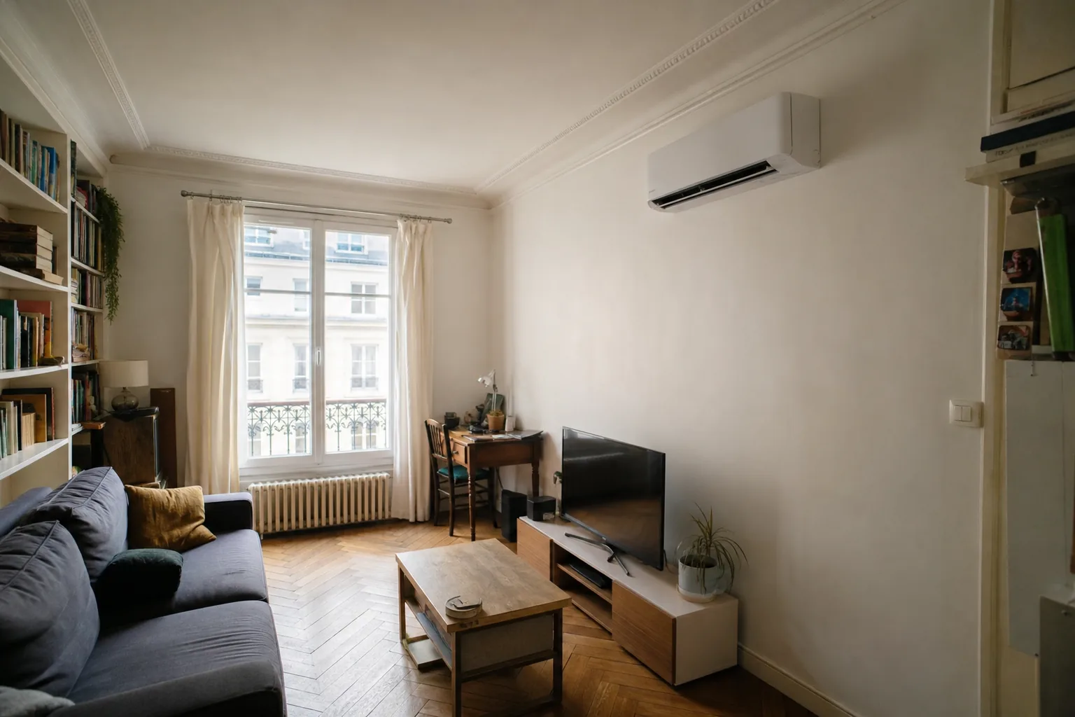 Split mural installé en hauteur dans un salon parisien