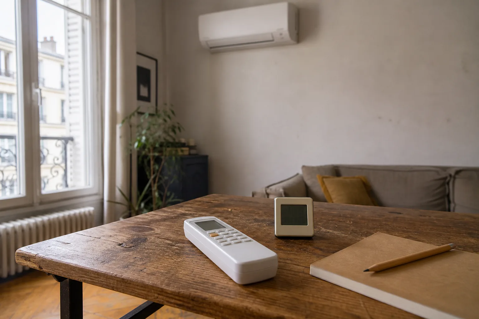 Télécommande de climatisation et petit thermostat posés sur une table