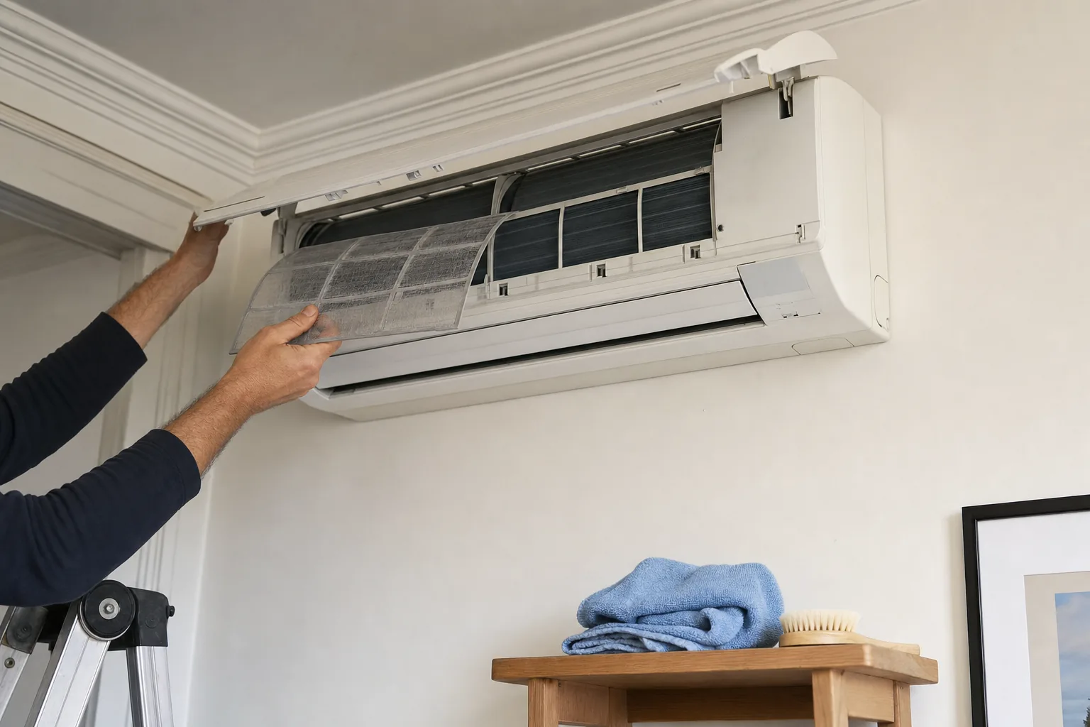Entretien d'un split mural installé en hauteur dans un appartement parisien