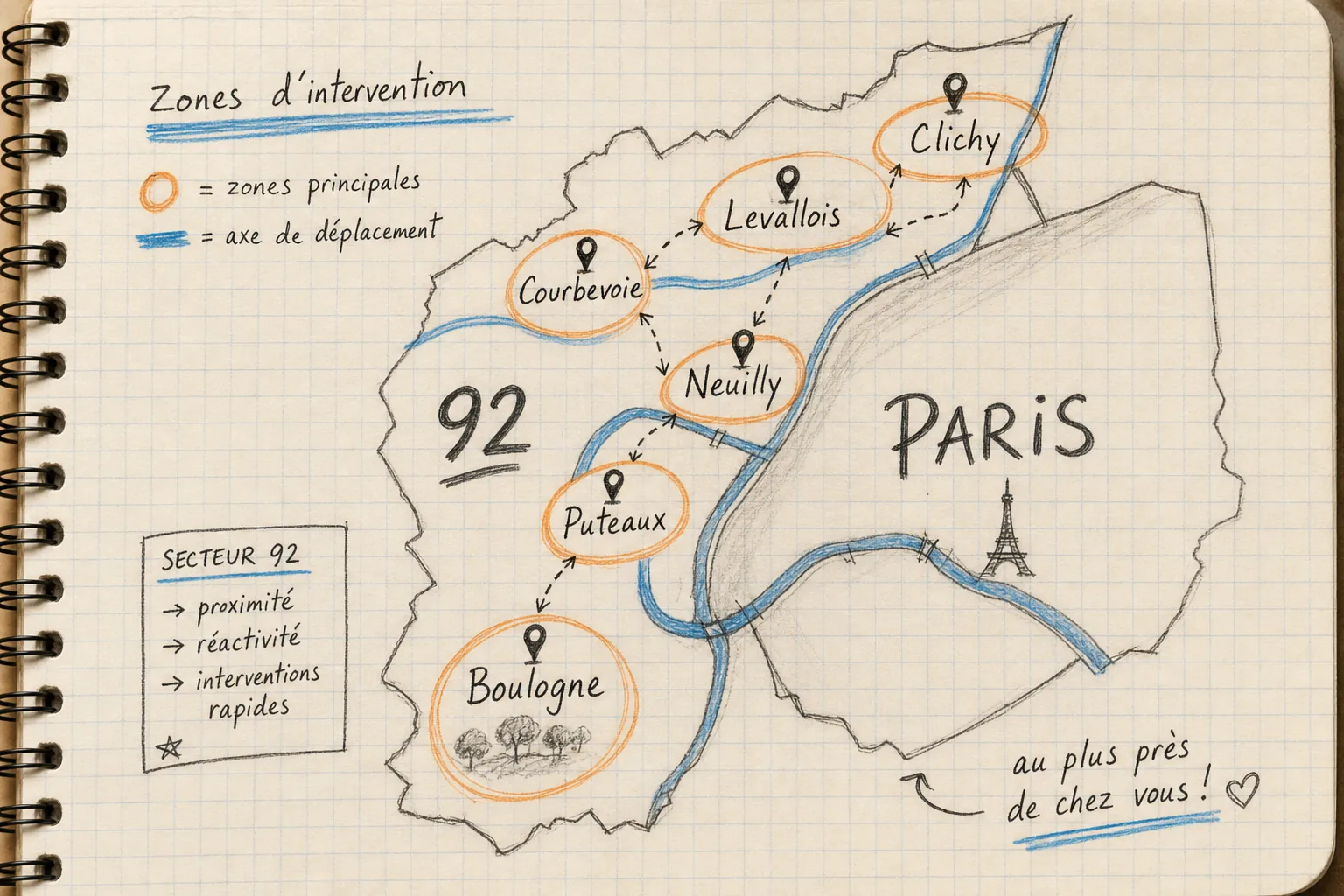 Carte dessinée des zones d'intervention à Paris et dans les Hauts-de-Seine